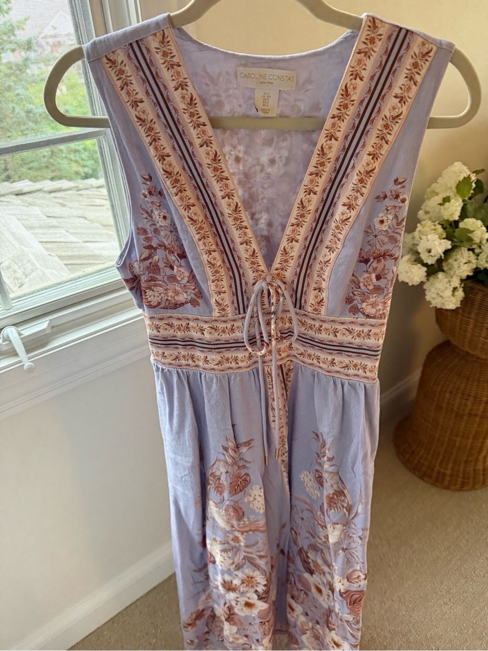 Caroline Constas Lavender Floral Midi Dress with Embroidered Trim